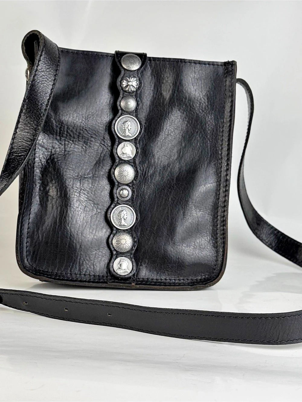 Patricia Nash Venezia Silver Concho Coin Black Leather Crossbody Boho Western